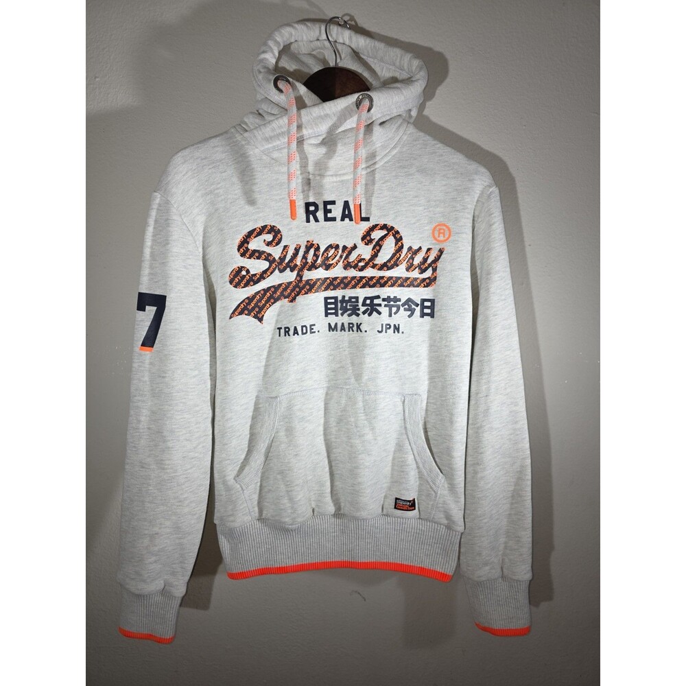 Superdry Vintage Japanese fleece pullover Hoodie Gray Sweatshirt Sz Small Retro